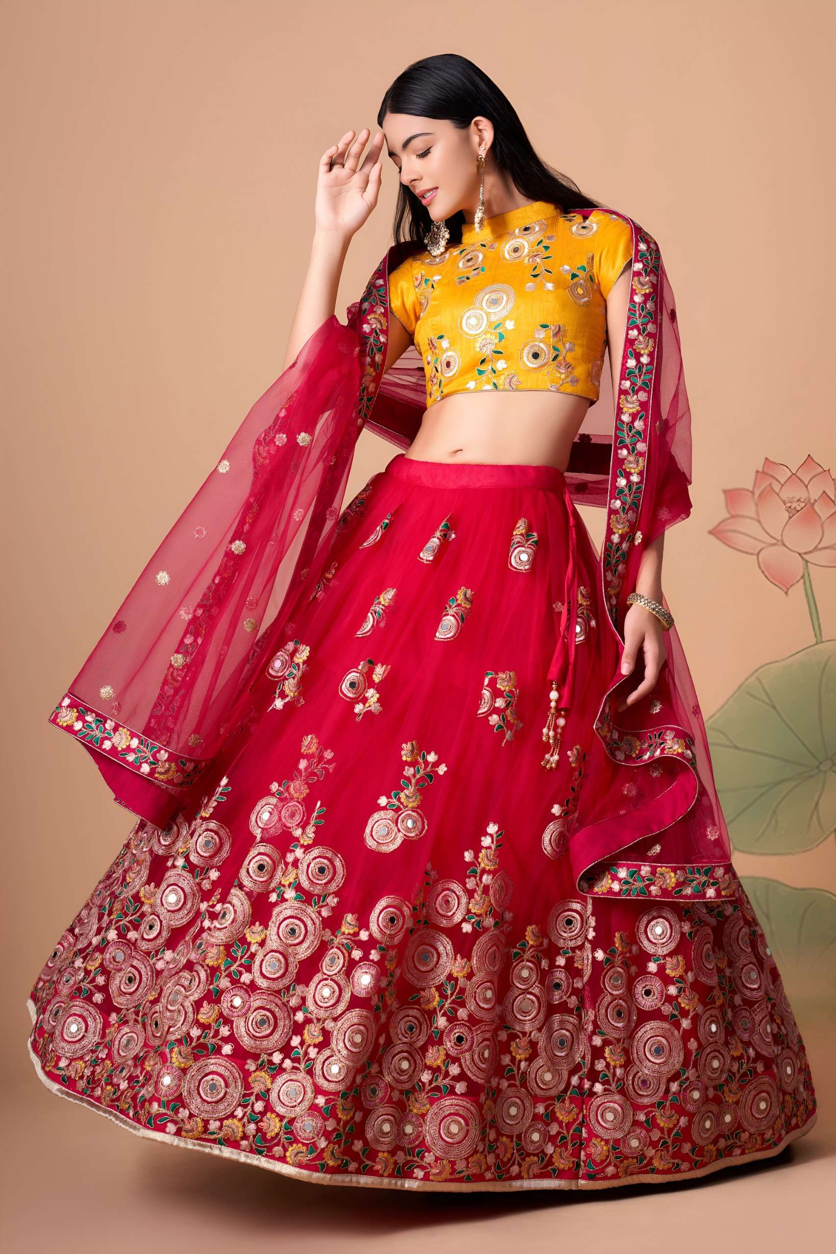 Rani Pink & Mustard colour Mirror Floral Lehenga Choli wholesale in surat 7323 Rani 